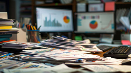 An office desk cluttered with paperwork and computer screens displaying various business graphs and charts.の素材