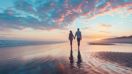 A young couple walking hand in hand along a deserted beach at sunrise, with pastel hues painting the sky overhead.の素材