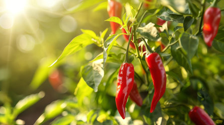 A close-up of a Thai chili pepper plant laden with ripe red peppers, flourishing in a sunny garden.の素材