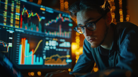 A young entrepreneur analyzing market trends and stock graphs late into the night with determination.の素材