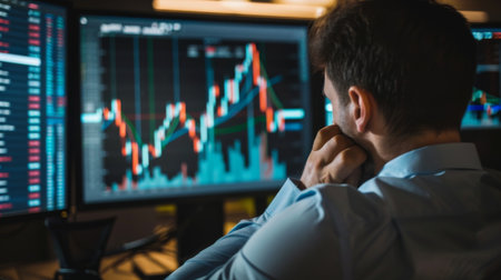 An investor making critical decisions based on the analysis of stock market graphs and performance trends.の素材