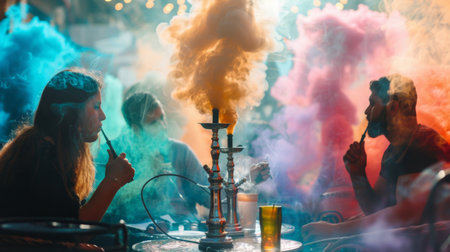 Colorful smoke swirling around a group of friends enjoying a hookah session at a vibrant outdoor lounge.の素材