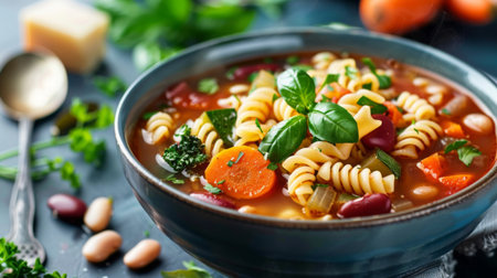 A bowl of traditional Italian minestrone soup with floating pasta, beans, and vegetables, comforting and hearty for any mealの素材
