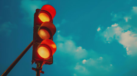 A close-up of a red traffic signal illuminated against a blue sky, indicating drivers to halt at an intersection.の素材