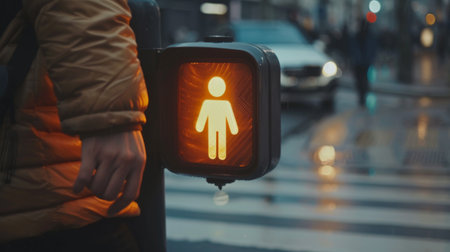 A pedestrian pushing the button at a crosswalk signal, activating the pedestrian walk signal for safe crossing.の素材