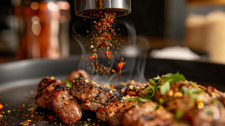 A close-up of a Thai chili pepper grinder dispensing freshly ground pepper onto a plate of grilled meat, adding depth of flavor.の素材