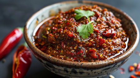 A bowl of homemade Thai chili paste, showcasing the rich color and intense flavor of this staple condiment.の素材