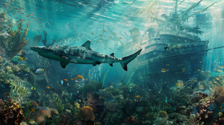 An underwater panorama showcasing the diverse marine life thriving around a shipwreck, including prowling sharks.の素材