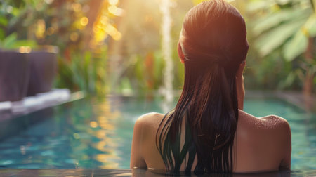 A woman enjoying a day at the spa, her long hair draped over her shoulders as she indulges in relaxation and pampering.の素材