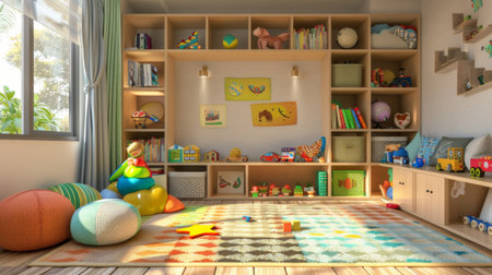 A children's playroom filled with colorful toys, books, and a soft rug, fostering creativity and imagination in young minds.の素材