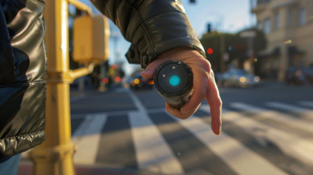 A pedestrian pushing the button at a crosswalk signal, activating the pedestrian walk signal for safe crossing.の素材