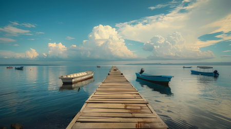A wooden pier extending into the ocean, with fishing boats bobbing in the calm waters under a cloud-dappled sky.の素材