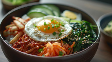 A bowl of traditional Korean bibimbap with floating sunny-side-up egg and assorted vegetables, a flavorful and nutritious meal.の素材