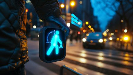 A pedestrian pushing the button at a crosswalk signal, activating the pedestrian walk signal for safe crossing.の素材