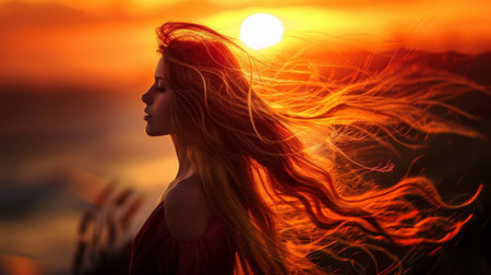 A young woman with long, flowing hair standing against a sunset backdrop, her locks shining with natural beauty.の素材