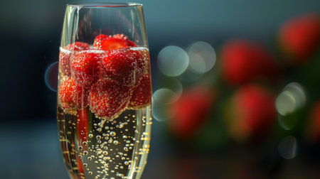 A glass of fizzy champagne with floating strawberries, adding a touch of elegance and sweetness to celebratory toasts.の素材