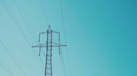 A power line tower against a clear blue sky, representing the reliability and stability of electricity as an essential resource.の素材