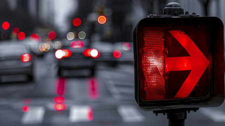 A red arrow signal prohibiting left turns, indicating traffic to yield and proceed straight at an intersection.の素材