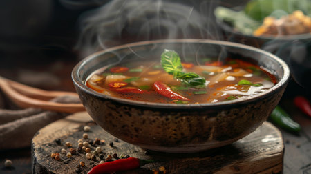A bowl of steaming Thai Tom Yum soup with visible chili peppers and lemongrass, offering a tantalizing aroma and taste.の素材
