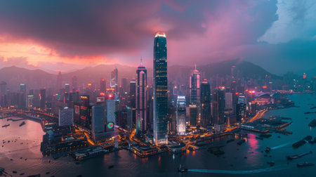 A modern skyscraper ablaze with lights, towering above the city skyline and symbolizing progress and innovation.の素材