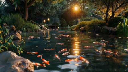 A koi fish pond illuminated by soft evening light, creating a magical ambiance of calm and relaxation.の素材