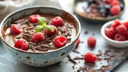 A bowl of creamy chocolate mousse with floating raspberries and chocolate shavings, a decadent dessert option for indulgence.の素材