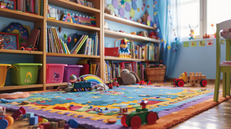 A children's playroom filled with colorful toys, books, and a soft rug, fostering creativity and imagination in young minds.の素材