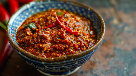 A bowl of homemade Thai chili paste, showcasing the rich color and intense flavor of this staple condiment.の素材
