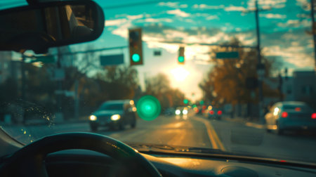 A driver's perspective of a green traffic light ahead, signaling permission to proceed through an intersection.の素材