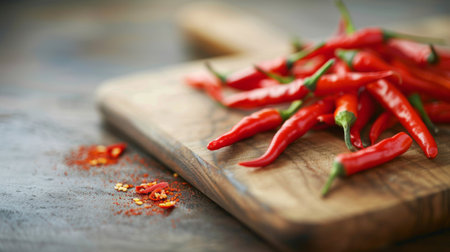 A close-up of vibrant red Thai chili peppers on a wooden cutting board, ready to add fiery heat to Thai dishes.の素材