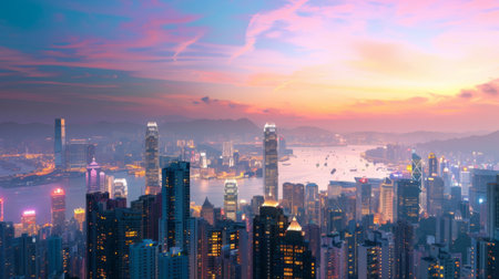 A panoramic view of the cityscape at twilight, with skyscrapers and landmarks lit up against the backdrop of a colorful sunset.の素材