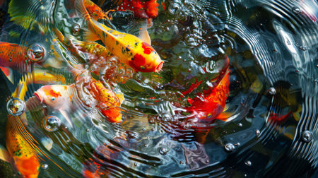 A dynamic shot capturing the vibrant colors and graceful movements of koi fish in a crystal-clear pond.の素材