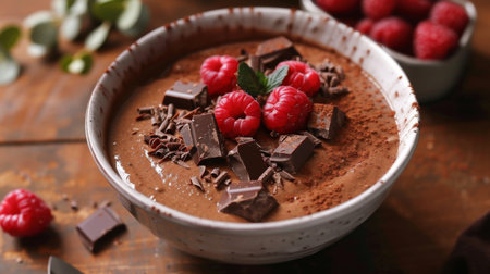 A bowl of creamy chocolate mousse with floating raspberries and chocolate shavings, a decadent dessert option for indulgence.の素材