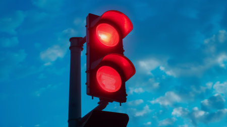 A close-up of a red traffic signal illuminated against a blue sky, indicating drivers to halt at an intersection.の素材
