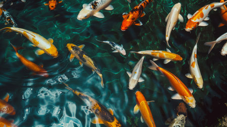 A dynamic aerial view of a picturesque koi pond with vibrant fish swimming beneath the surface, capturing the beauty of nature from above.の素材
