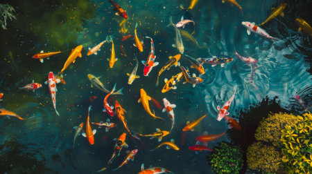 A dynamic aerial view of a picturesque koi pond with vibrant fish swimming beneath the surface, capturing the beauty of nature from above.の素材