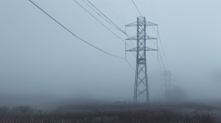 A power line tower in a foggy landscape, evoking a sense of mystery and the unseen energy that powers our daily lives.の素材