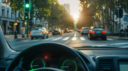 A driver's perspective of a green traffic light ahead, signaling permission to proceed through an intersection.の素材