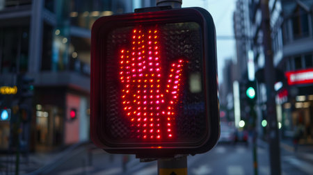 A pedestrian crossing signal displaying a red hand symbol, indicating pedestrians to wait before crossing the street.の素材