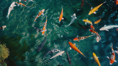 A dynamic aerial view of a picturesque koi pond with vibrant fish swimming beneath the surface, capturing the beauty of nature from above.の素材