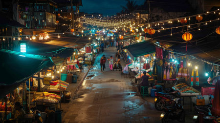 A bustling night market in the heart of the ancient city, with vendors' stalls lit up by strings of colorful lights, offering a feast for the senses.の素材