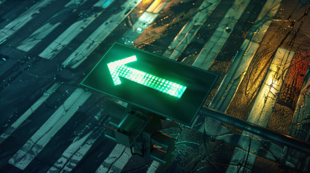 A green arrow traffic signal allowing vehicles to turn left safely at an intersection, directing traffic flow efficiently.の素材
