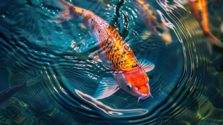 A dynamic shot capturing the vibrant colors and graceful movements of koi fish in a crystal-clear pond.の素材