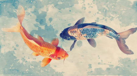 A pair of koi fish swimming in perfect symmetry, symbolizing balance and unity in nature.の素材