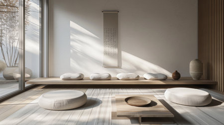 A minimalist sitting area with floor cushions and low tables, creating a Zen-inspired space for meditation and mindfulness practices.の素材