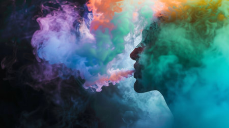 A person exhaling colorful vapor from a vape device, enjoying the sensory experience and flavors of vaping.の素材