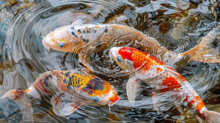 A dynamic shot capturing the vibrant colors and graceful movements of koi fish as they swim in a tranquil pond.の素材