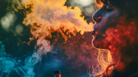 A person exhaling colorful vapor from a vape device, enjoying the sensory experience and flavors of vaping.の素材