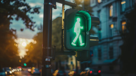 A pedestrian crossing signal with a green walking figure, indicating pedestrians to proceed with caution across the street.の素材