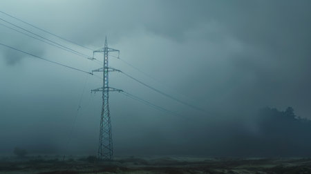 A power line tower in a foggy landscape, evoking a sense of mystery and the unseen energy that powers our daily lives.の素材